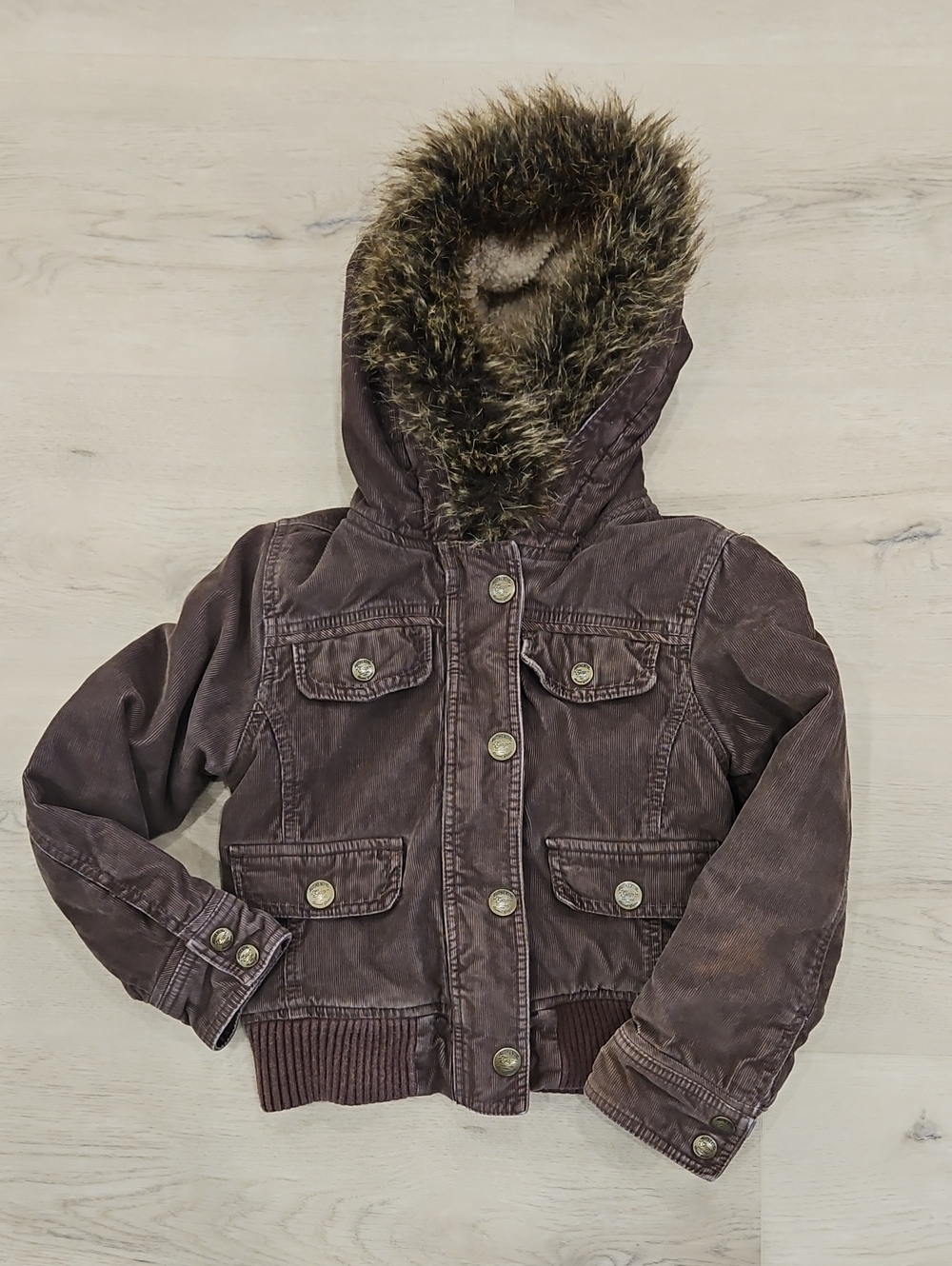 Kids Hooded Brown Faux-Fur Trim Corduroy  Bomber Jacket
